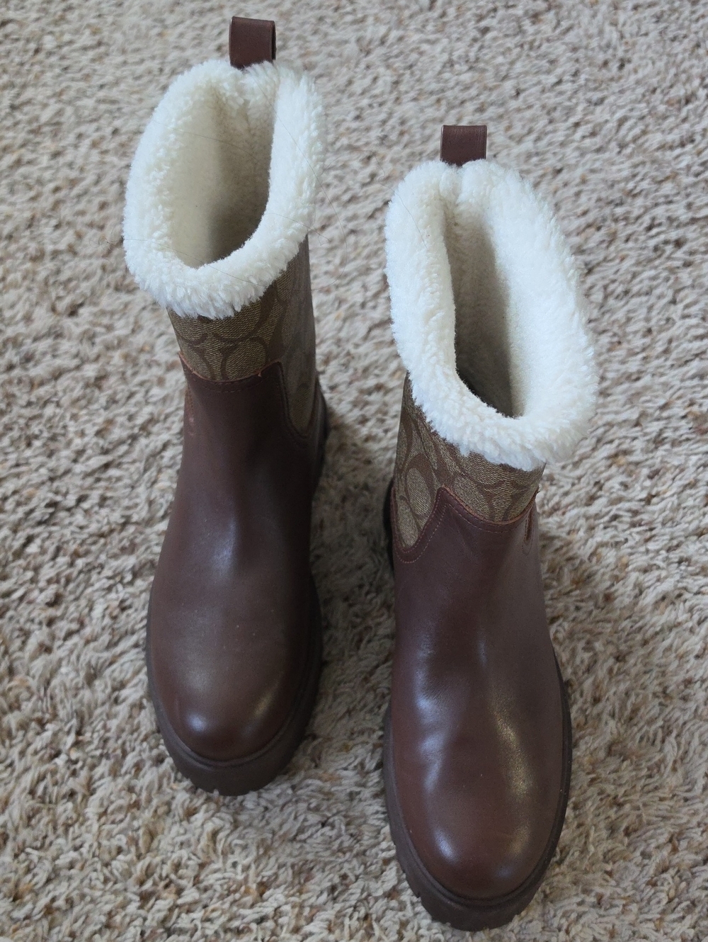 Coach Brown Shearling-Trim Winter Pull-On Boots